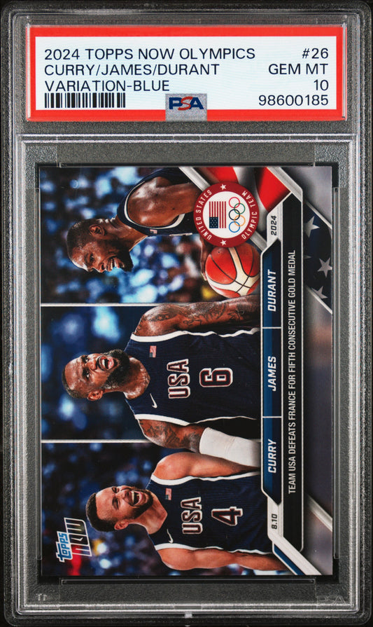 Graded 2024 Topps Now Olympics Steph Curry/LeBron James/Kevin Durant #26 Variation Blue Basketball Card PSA 10 Gem Mint