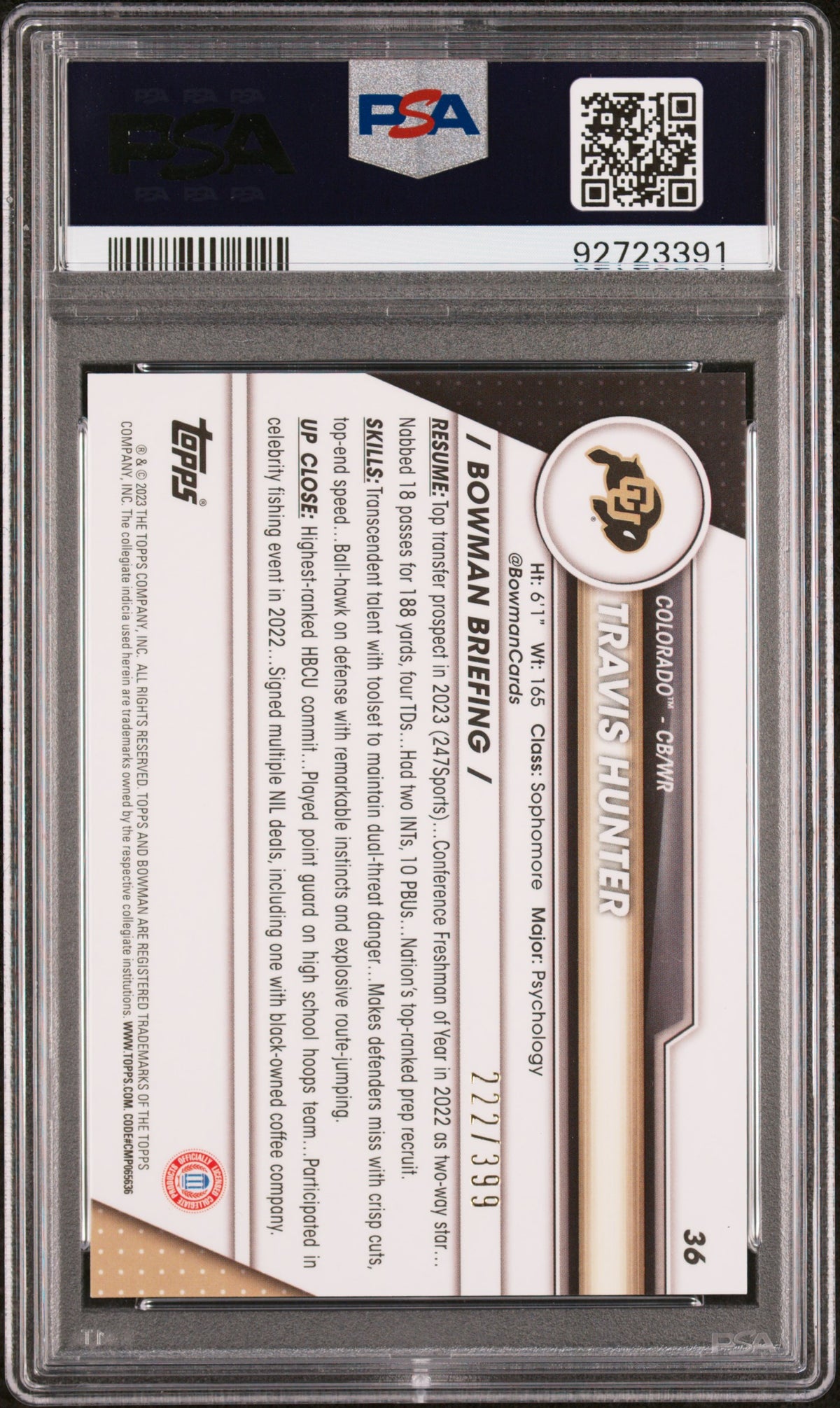 Graded 2023 Topps Bowman U Chrome Travis Hunter #36 Purple #/399 Rookie RC Football Card PSA 10 Gem Mint
