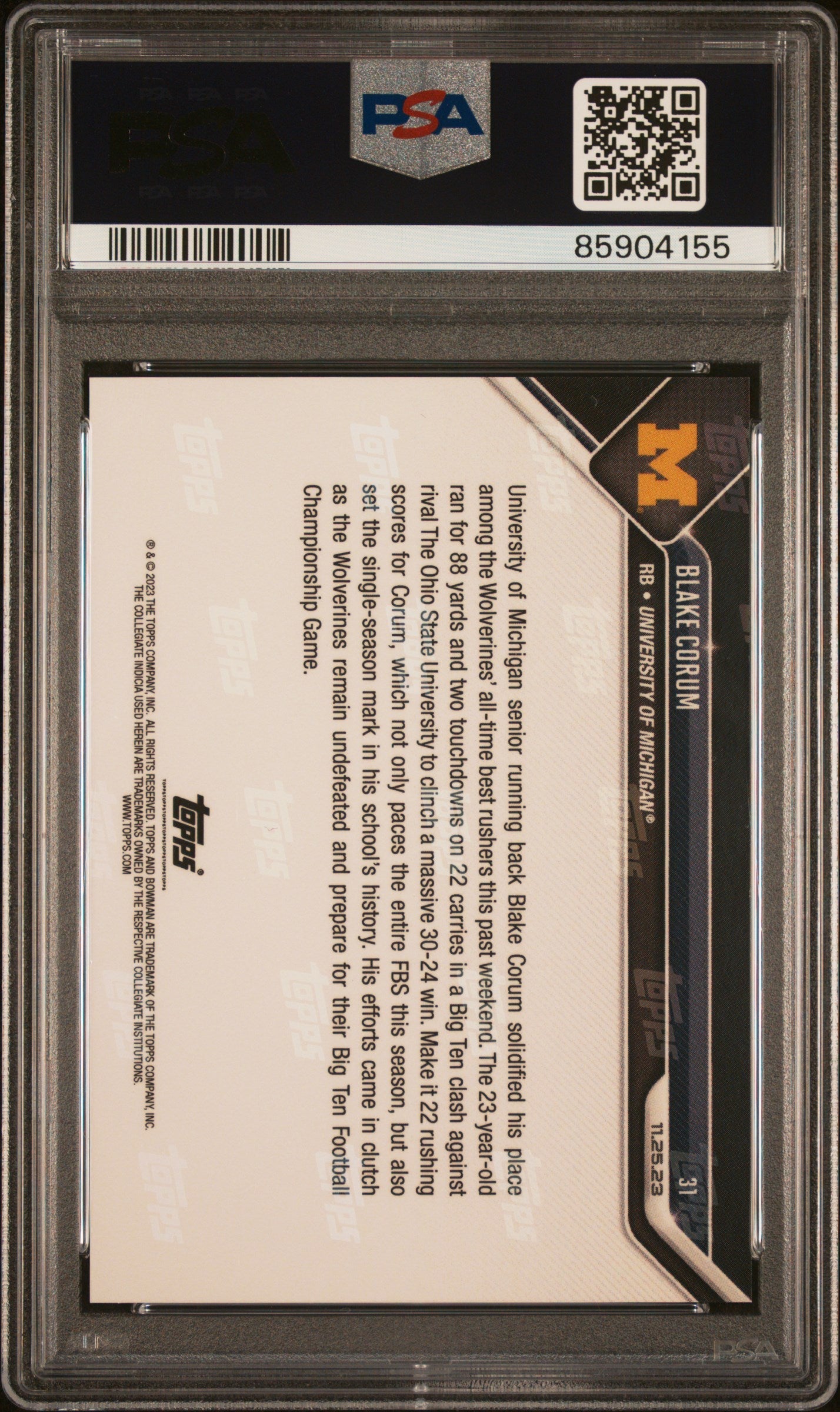 Graded 2023 Topps Bowman U Now Blake Corum #31 Rookie RC Football Card PSA 10 Gem Mint