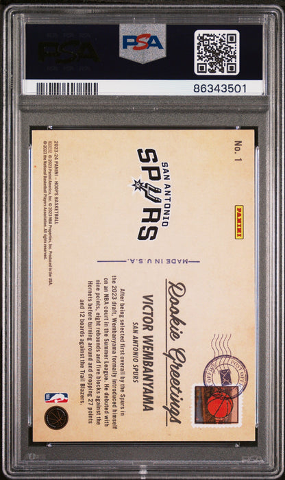 Graded 2023 Panini NBA Hoops Victor Wembanyama #1 Rookie Greetings Winter Rookie RC Basketball Card PSA 10 Gem Mint