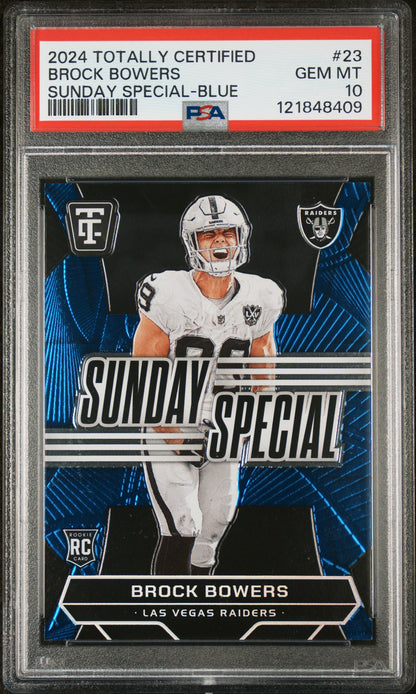 Graded 2024 Panini Totally Certified Brock Bowers #23 Sunday Special Blue /199 Rookie RC Football Card PSA 10 Gem Mint