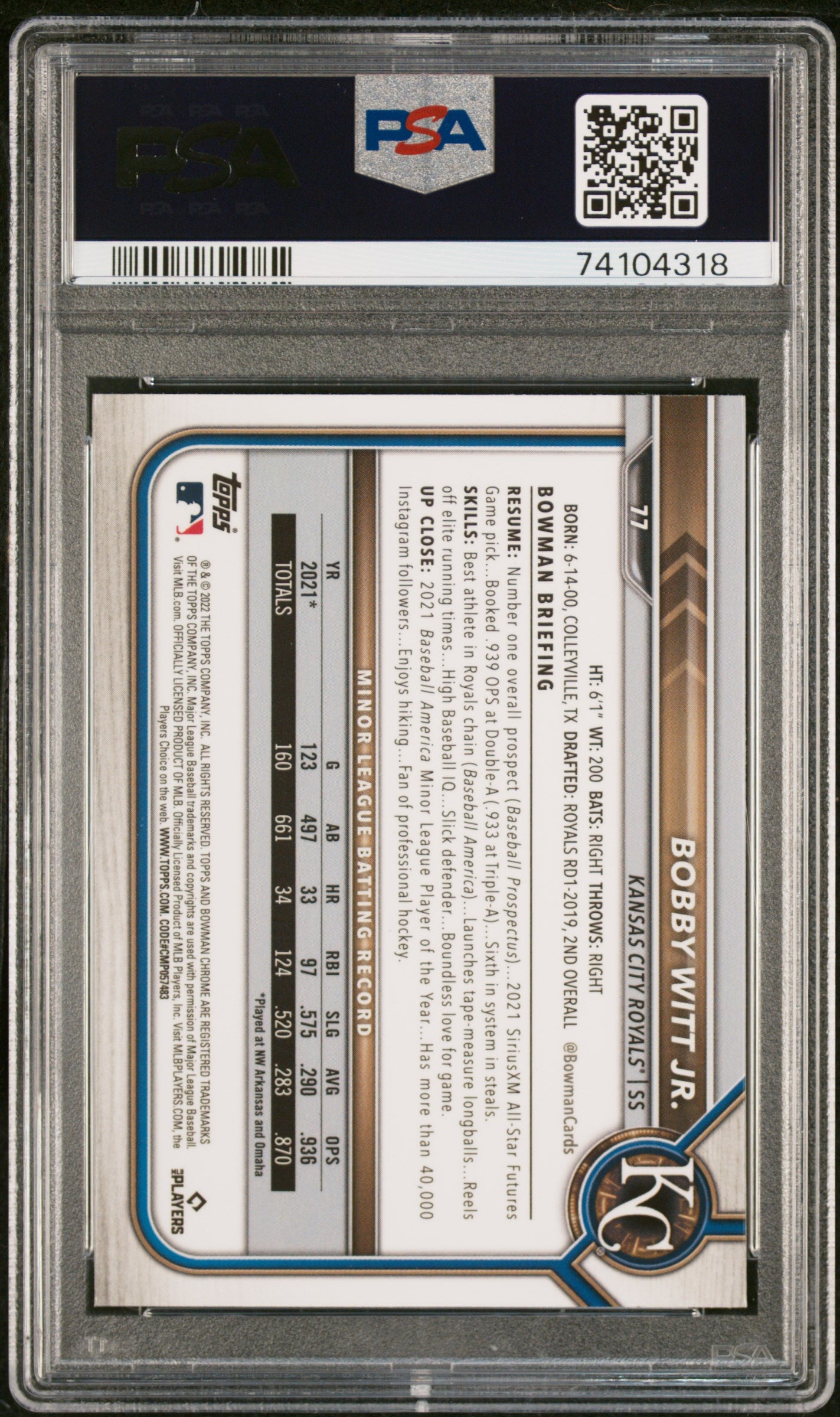 Graded 2022 Topps Bowman Chrome Sapphire Edition Bobby Witt Jr. #77 Rookie RC Baseball Card PSA 10 Gem Mint