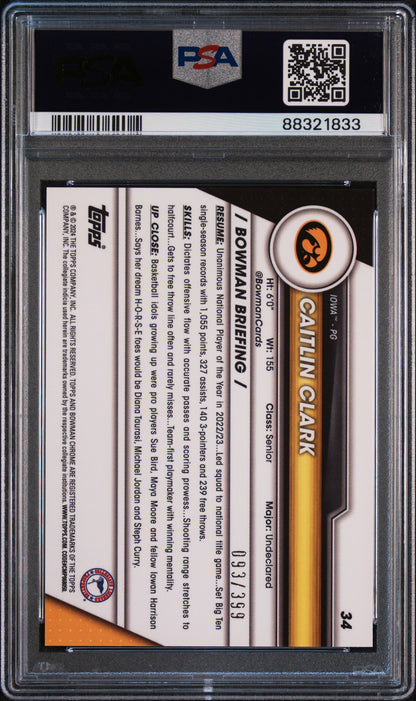 Graded 2023 Topps Bowman U Chrome Caitlin Clark #34 Purple #/399 Rookie RC Basketball Card PSA 10 Gem Mint