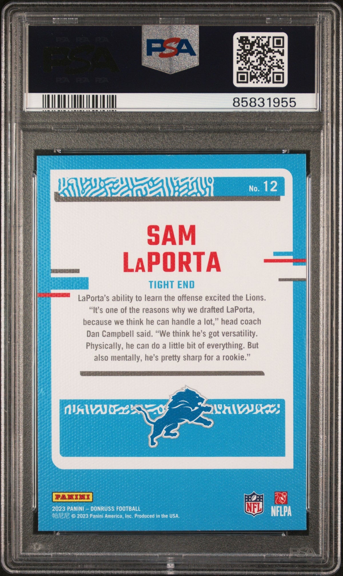 Graded 2023 Panini Donruss Sam LaPorta #12 Rated Rookies Portrait Rookie RC Football Card PSA 10 Gem Mint