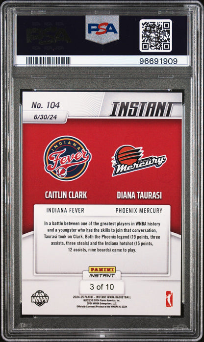 Graded 2024 Panini Instant WNBA Caitlin Clark/Diana Taurasi #104 Jaguar /10 Basketball Card PSA 8 Near Mint