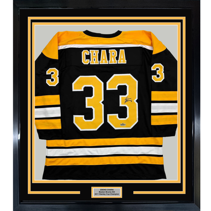 Framed Facsimile Autographed Zdeno Chara 35x39 Boston Black Reprint Laser Auto Hockey Jersey