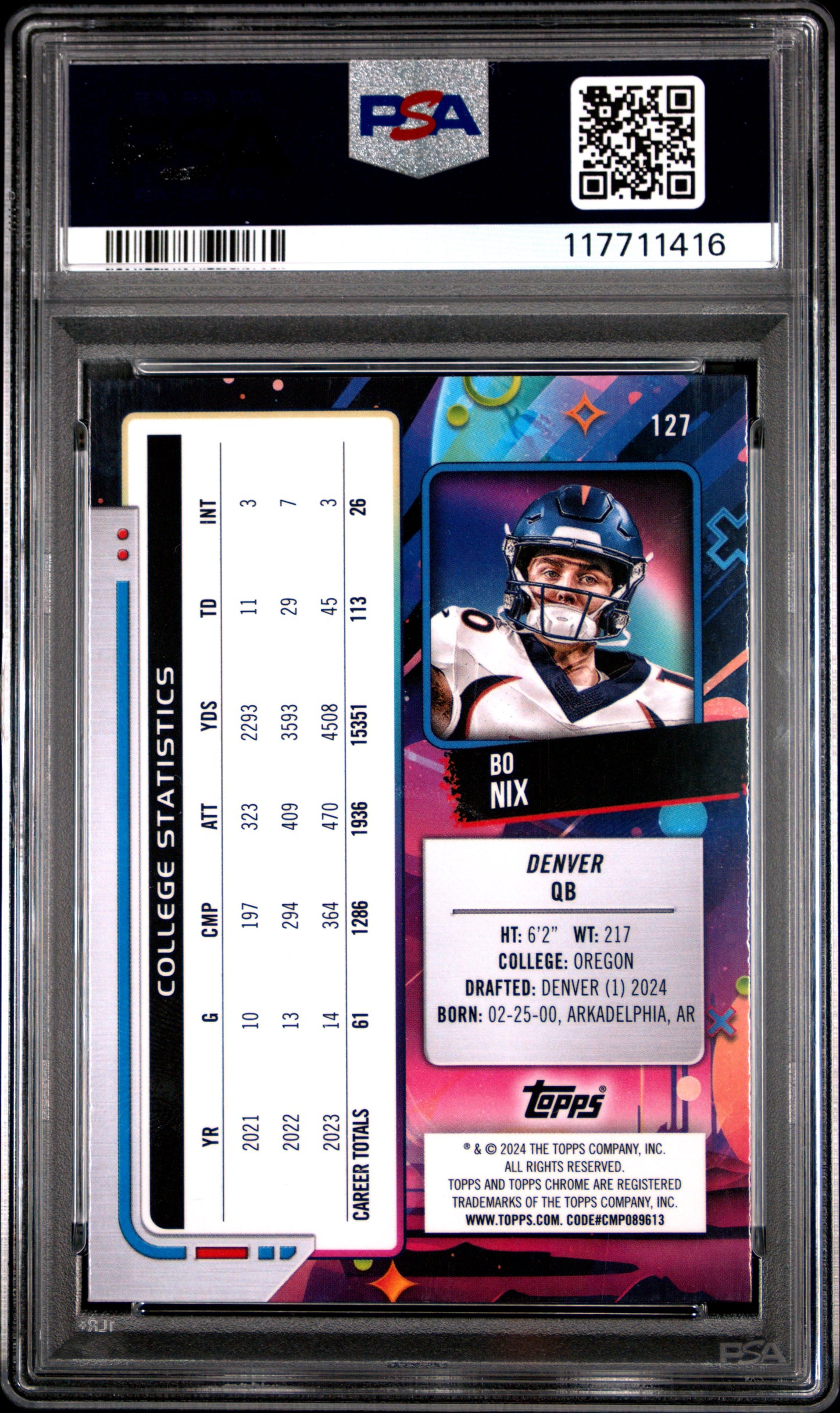Graded 2024 Topps Cosmic Chrome Bo Nix #127 Rookie RC Football Card PSA 10 Gem Mint