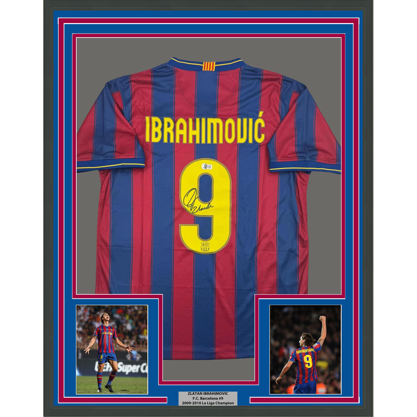 Framed Autographed/Signed Zlatan Ibrahimovic 35x39 FC Barcelona Soccer Jersey Beckett BAS COA