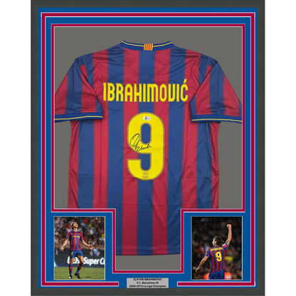 Framed Autographed/Signed Zlatan Ibrahimovic 35x39 FC Barcelona Soccer Jersey Beckett BAS COA