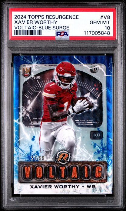 Graded 2024 Topps Resurgence Xavier Worthy #V8 Voltaic Blue Surge /99 Rookie RC Football Card PSA 10 Gem Mint
