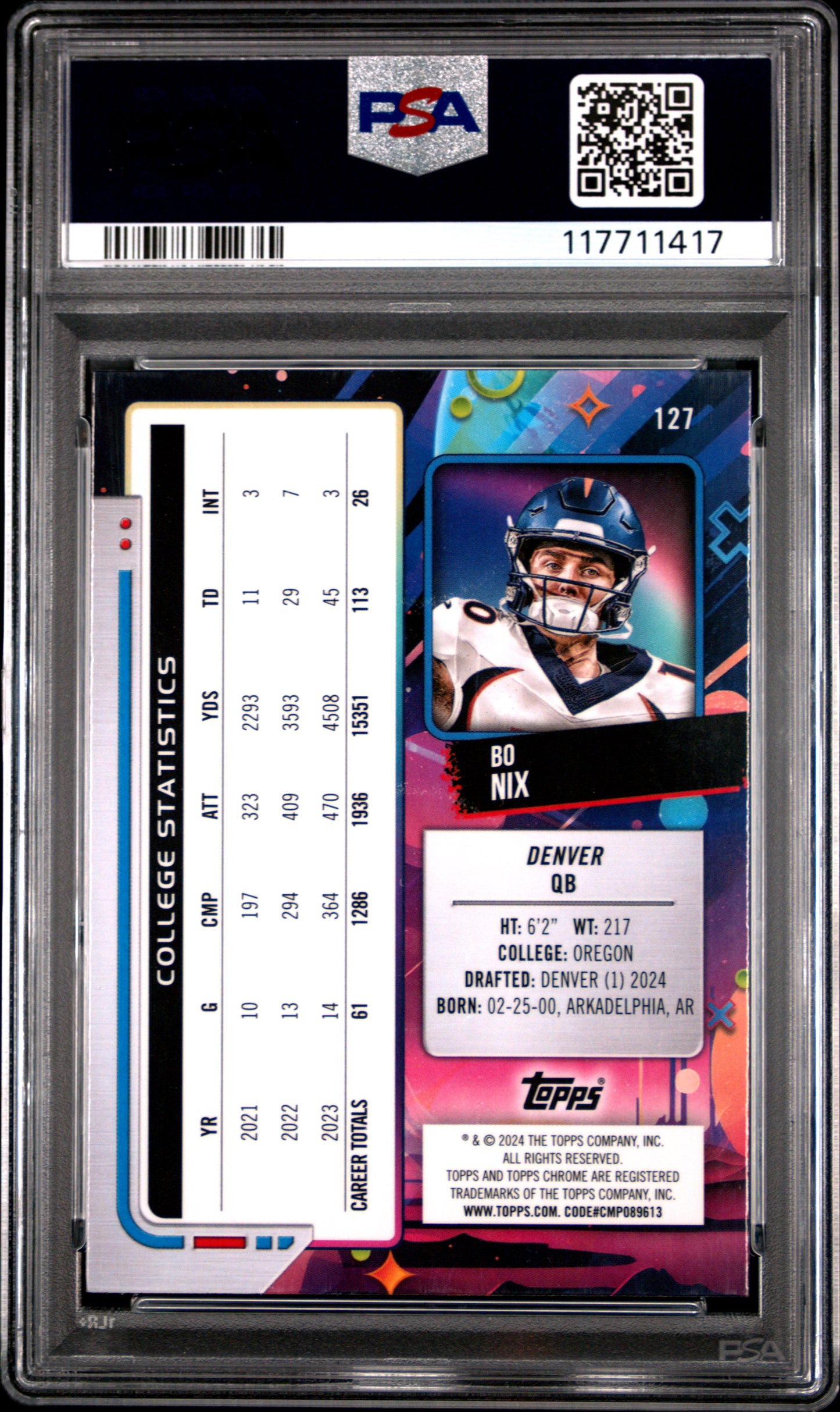 Graded 2024 Topps Cosmic Chrome Bo Nix #127 Rookie RC Football Card PSA 9 Mint