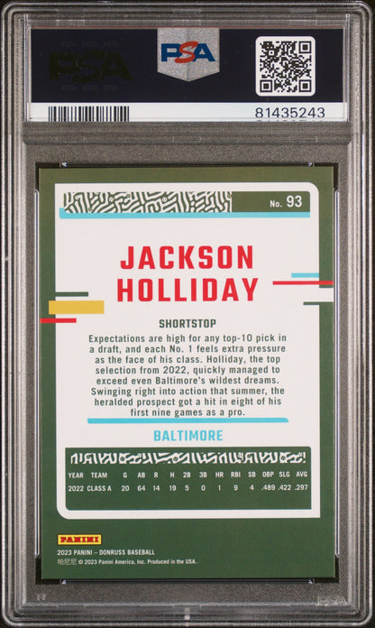 Graded 2023 Panini Donruss Jackson Holliday #93 Career Stat Line Rookie RC Baseball Card PSA 10 Gem Mint