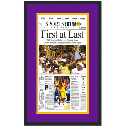 Framed Los Angeles LA Times Lakers First At Last 2000 NBA Finals Champions 14x22 Basketball Newspaper Cover Photo Professionally Matted