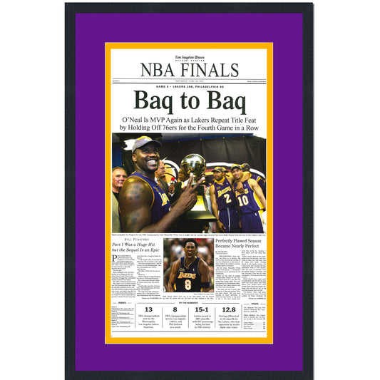 Framed Los Angeles LA Times Lakers Baq To Baq 2001 NBA Finals Champions 14x22 Basketball Newspaper Cover Photo Professionally Matted