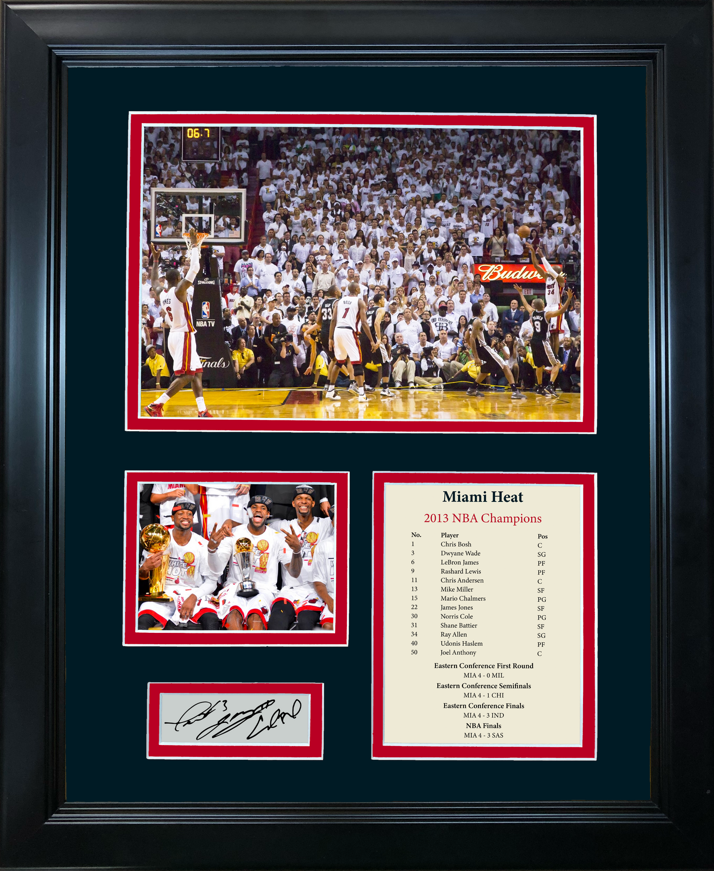 Framed Miami Heat 2013 NBA Champions LeBron James Dwyane Wade Chris Bosh Facsimile Laser Engraved Signature Auto Basketball 11"x14" Photo Sig Collage