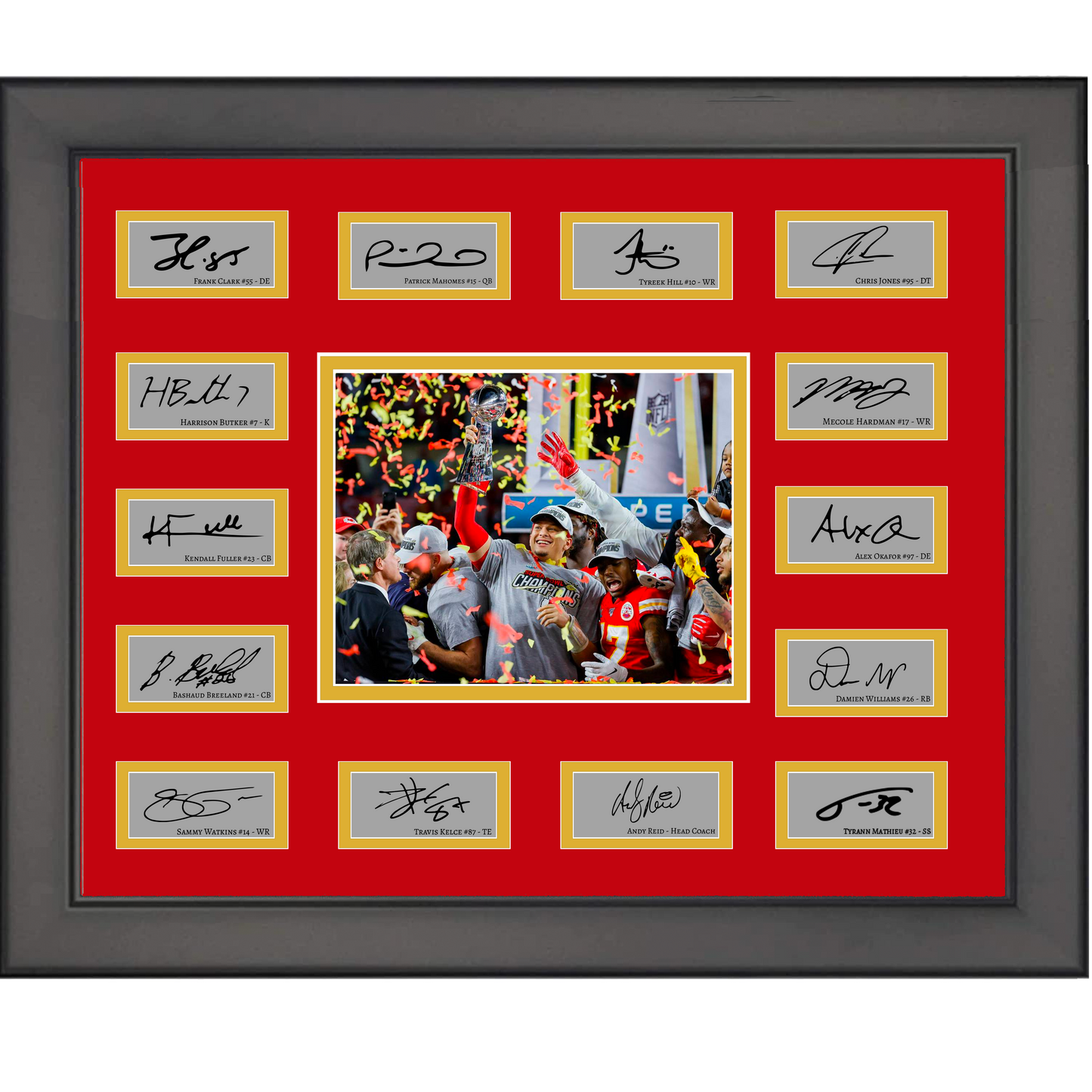 Framed 2019 Kansas City Chiefs NFL Super Bowl Champions Team Facsimile Laser Engraved Signature Auto Collage 20x25 Football Photo