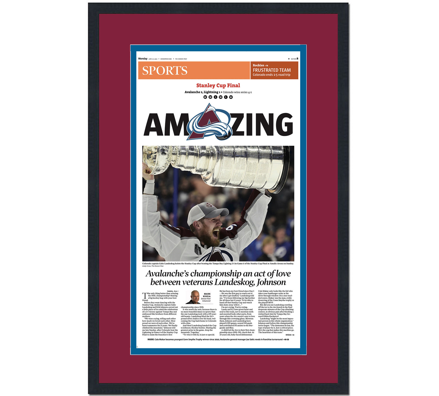Framed Denver Post Colorado Avalanche 2022 Stanley Cup Champions 14x24 Hockey Newspaper Cover Photo Professionally Matted V2