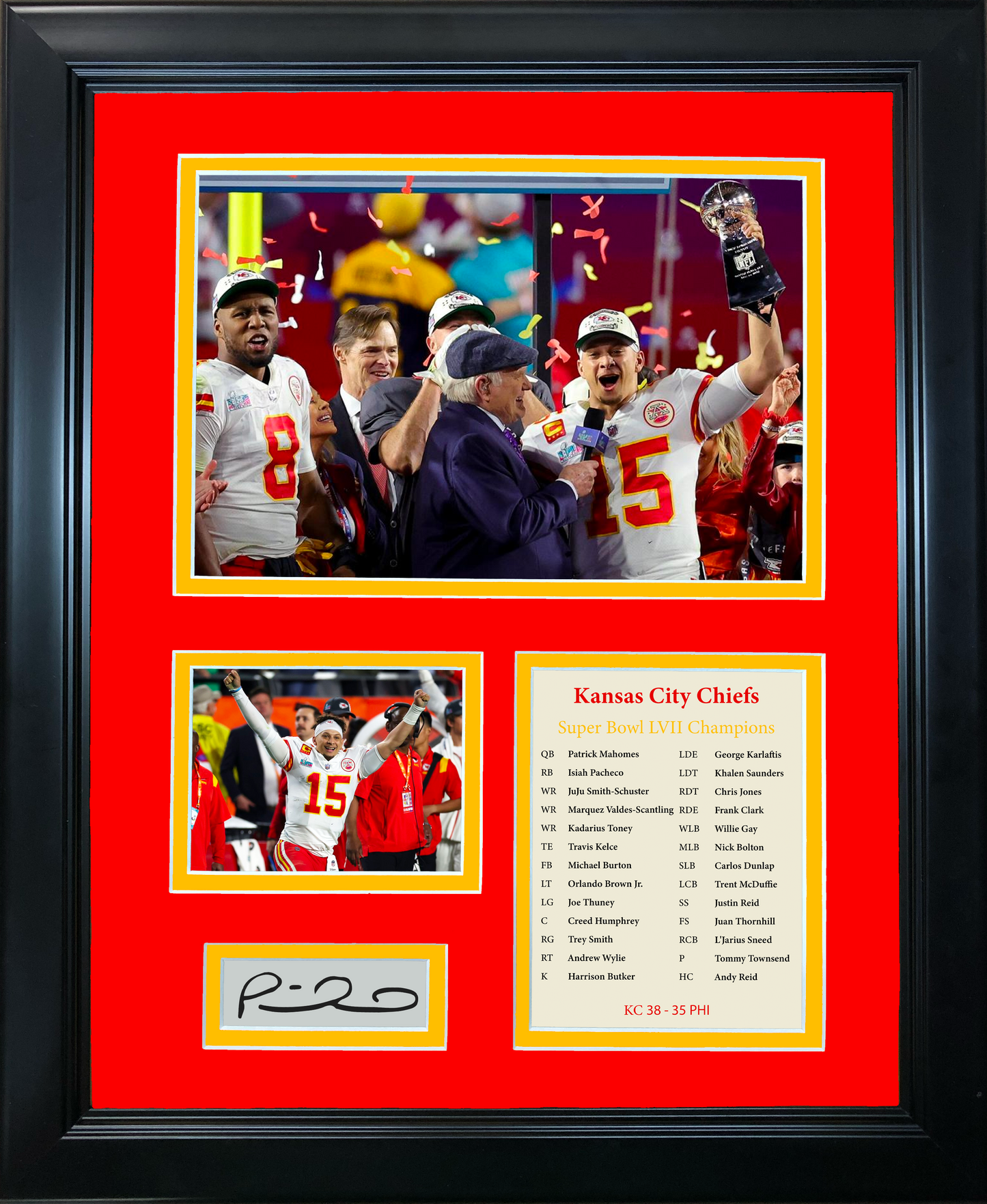 Framed Super Bowl LVII Champions Patrick Mahomes MVP Facsimile Laser Engraved Signature Auto Football 11"x14" Photo Sig Collage