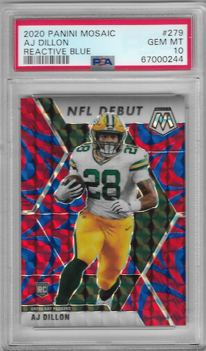 Graded 2020 Panini Mosaic AJ Dillon #279 Reactive Blue Rookie RC Football Card PSA 10 Gem Mint