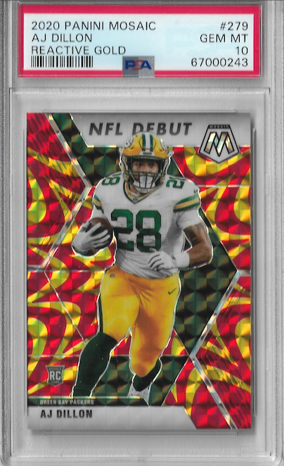 Graded 2020 Panini Mosaic AJ Dillon #279 Reactive Gold Rookie RC Football Card PSA 10 Gem Mint