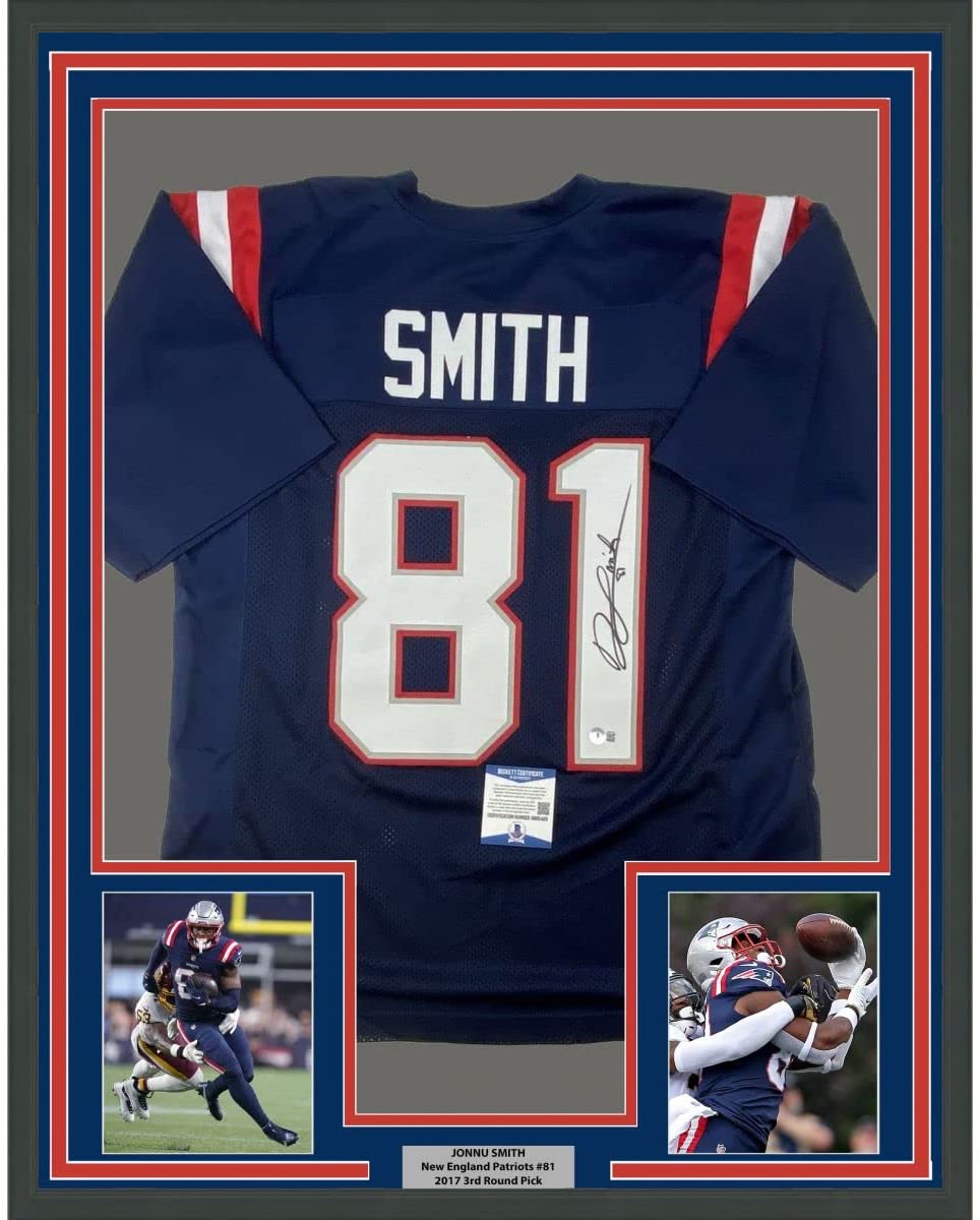 Framed Autographed/Signed Jonnu Smith 35x39 New England Blue Football Jersey Beckett BAS COA