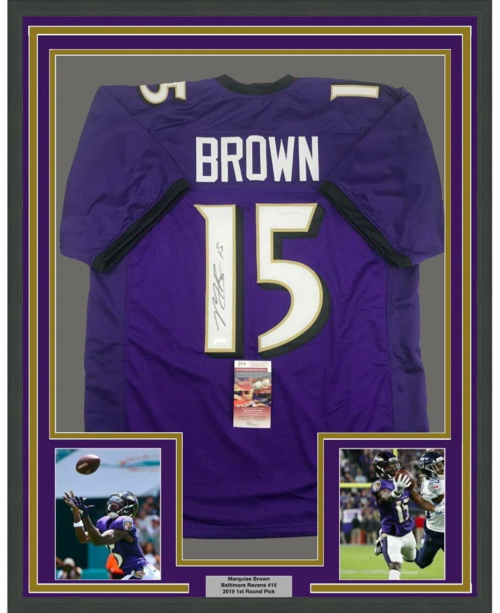 Framed Autographed/Signed Marquise Brown 35x39 Baltimore Purple Football Jersey JSA COA