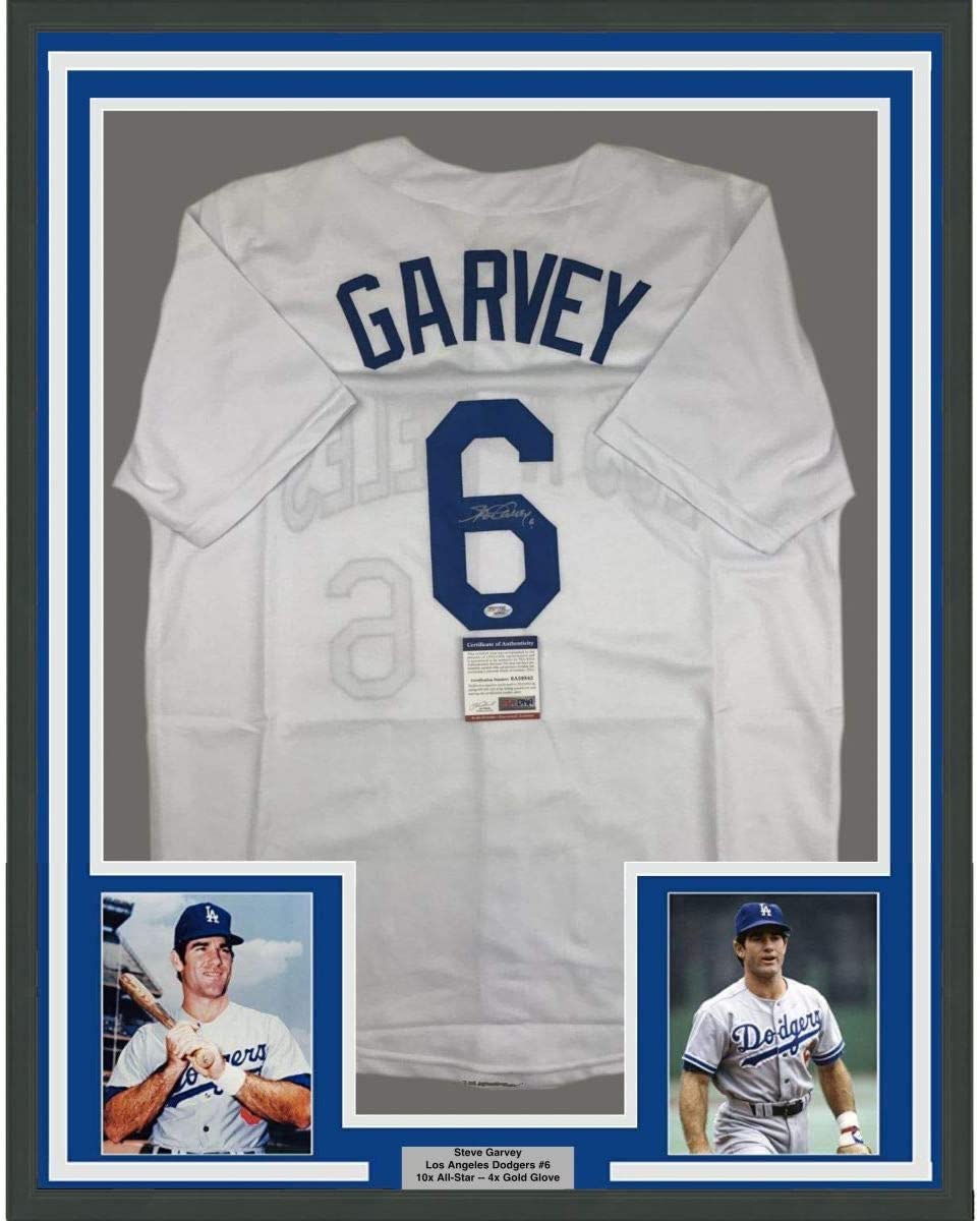 Framed Autographed/Signed Steve Garvey 35x39 Los Angeles LA White Baseball Jersey PSA/DNA COA
