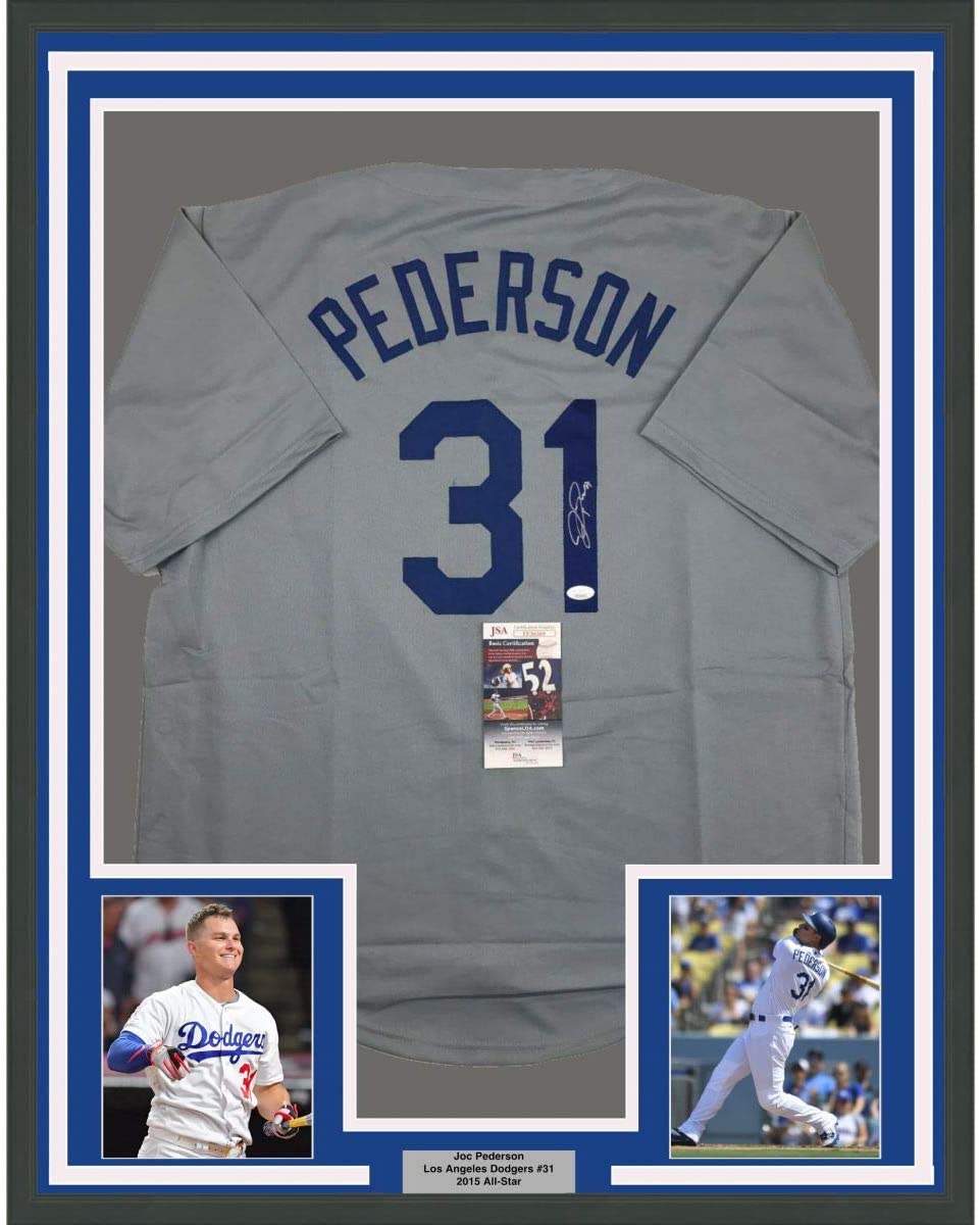 Framed Autographed/Signed Joc Pederson 35x39 Los Angeles LA Grey Baseball Jersey JSA COA