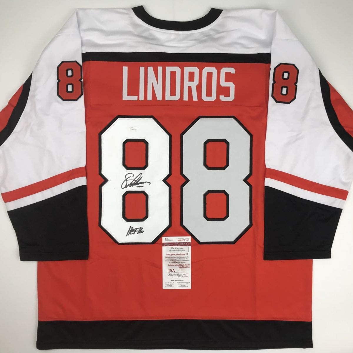 Autographed/Signed Eric Lindros"HOF 16" Philadelphia Orange Hockey Jersey JSA COA