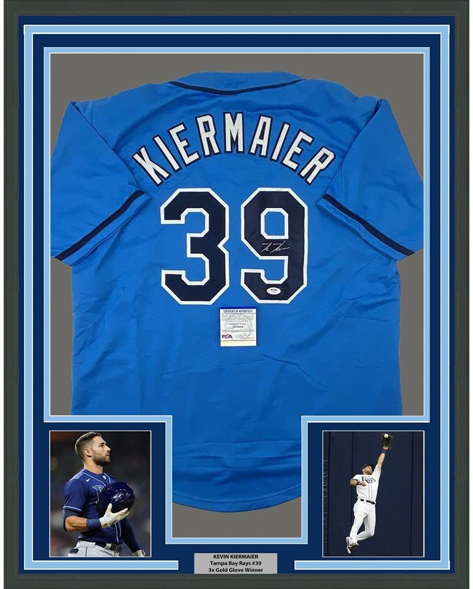 Framed Autographed/Signed Kevin Kiermaier 35x39 Tampa Bay Light Blue Baseball Jersey PSA/DNA COA