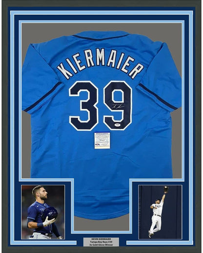 Framed Autographed/Signed Kevin Kiermaier 35x39 Tampa Bay Light Blue Baseball Jersey PSA/DNA COA