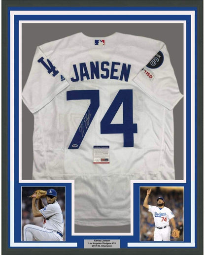 Framed Autographed/Signed Kenley Jansen 35x39 Los Angeles LA White Baseball Jersey PSA/DNA COA
