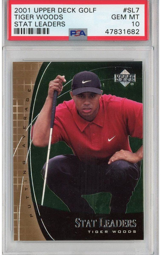 Graded 2001 Upper Deck UD Golf Tiger Woods #SL7 Stat Leaders Rookie RC Golf Card PSA 10 Gem Mint