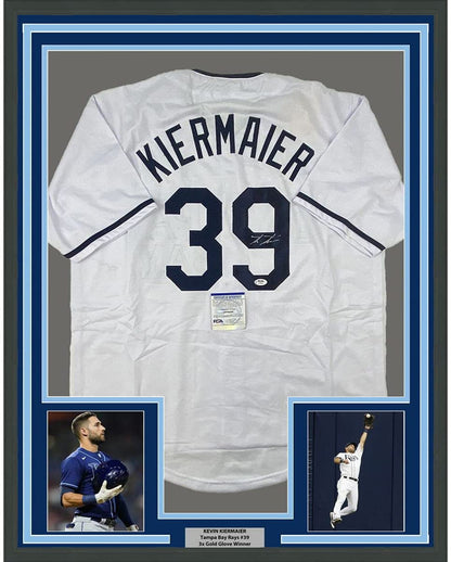 Framed Autographed/Signed Kevin Kiermaier 35x39 Tampa Bay White Baseball Jersey PSA/DNA COA