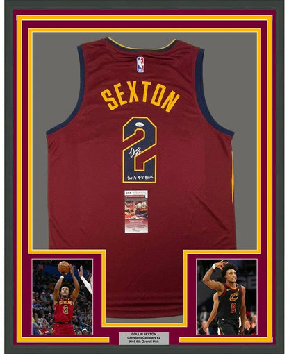 Framed Autographed/Signed Collin Sexton 35x39 Cleveland Cavaliers Red Basketball Fanatics Jersey JSA COA