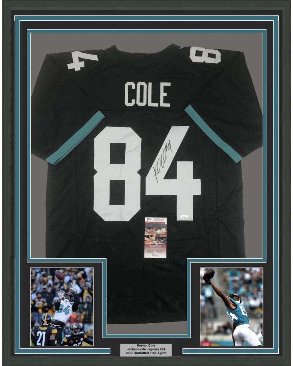 Framed Autographed/Signed Keelan Cole 35x39 Jacksonville Black Football Jersey JSA COA