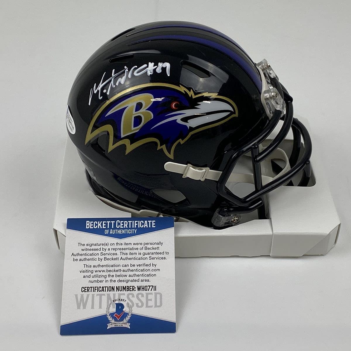 Autographed/Signed Mark Andrews Baltimore Ravens Mini Football Helmet Beckett BAS COA