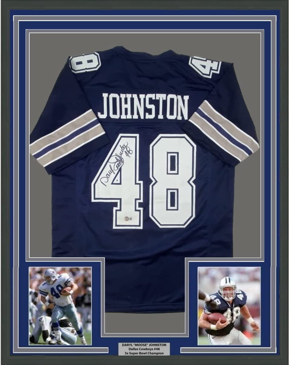 Framed Autographed/Signed Daryl Moose Johnston 35x39 Dallas Blue Football Jersey Beckett BAS COA