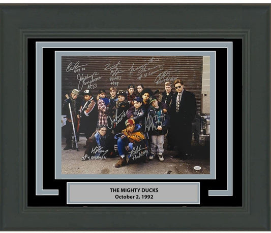 Framed Autographed/Signed The Mighty Ducks Movie 10x Cast Member Inscribed Sigs 16x20 Baseball Photo JSA COA