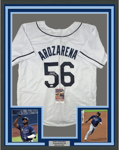 Framed Autographed/Signed Randy Arozarena 35x39 Tampa Bay White Baseball Jersey JSA COA