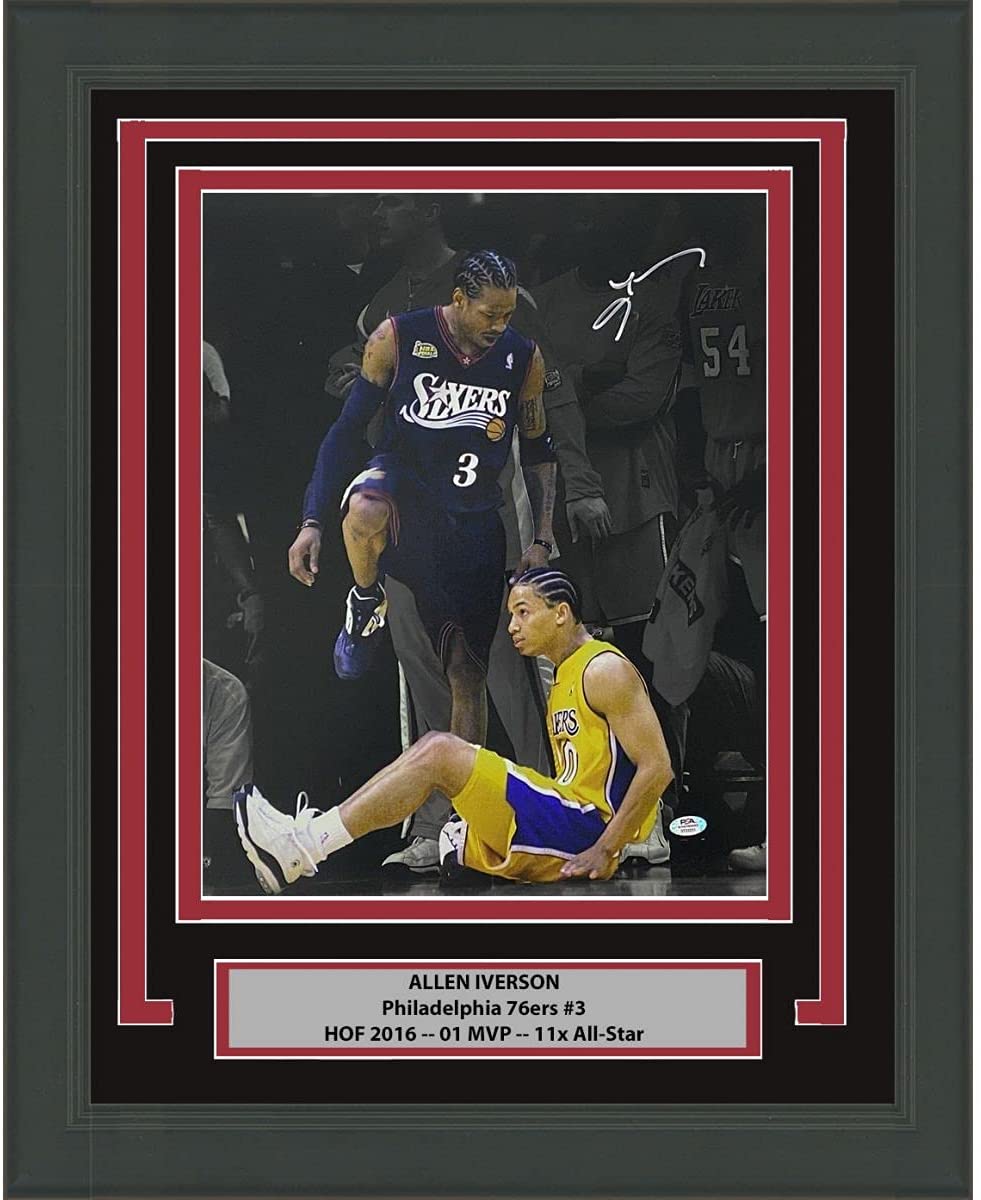 Framed Autographed/Signed Allen Iverson Spotlight Tyronn Lou Step-Over Philadelphia 76ers Sixers 16x20 Basketball Photo PSA/DNA COA
