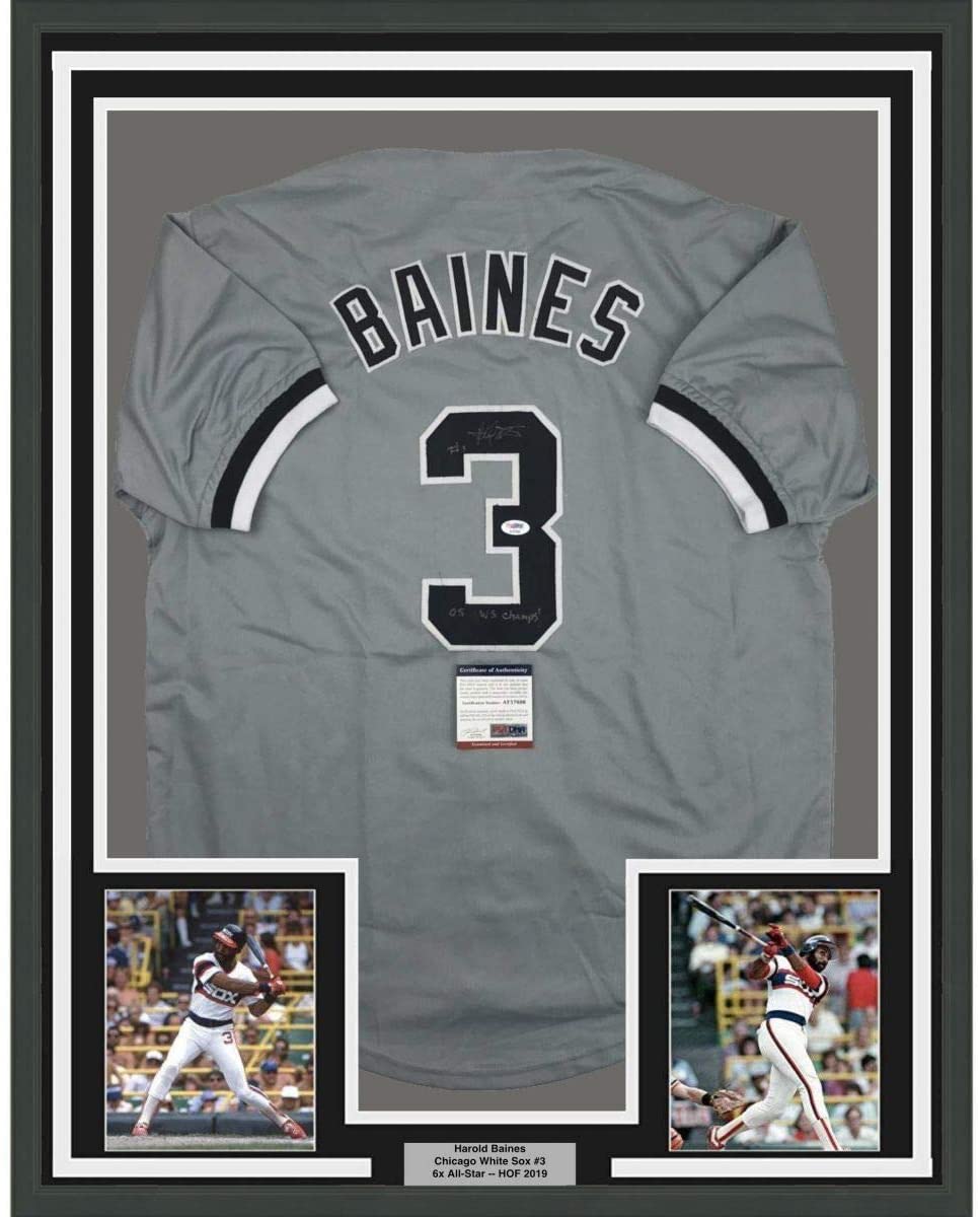 Framed Autographed/Signed Harold Baines 05 WS Champs 35x39 Chicago Grey Baseball Jersey PSA/DNA COA