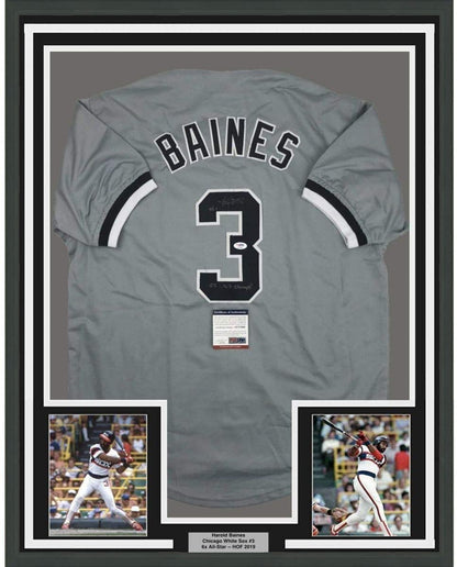 Framed Autographed/Signed Harold Baines 05 WS Champs 35x39 Chicago Grey Baseball Jersey PSA/DNA COA