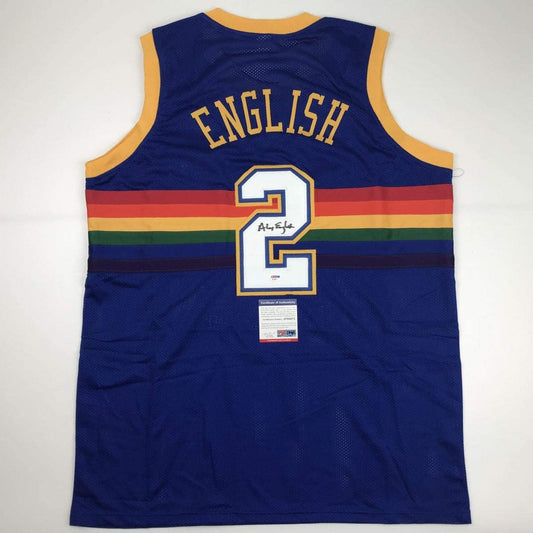 Autographed/Signed Alex English Denver Blue Basketball Jersey PSA/DNA COA