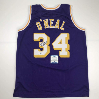 Autographed/Signed Shaquille Shaq O'Neal Los Angeles LA Purple Basketball Jersey Beckett BAS COA