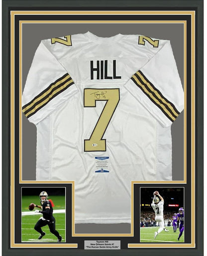 Framed Autographed/Signed Taysom Hill 35x39 New Orleans Color Rush Football Jersey Beckett BAS COA