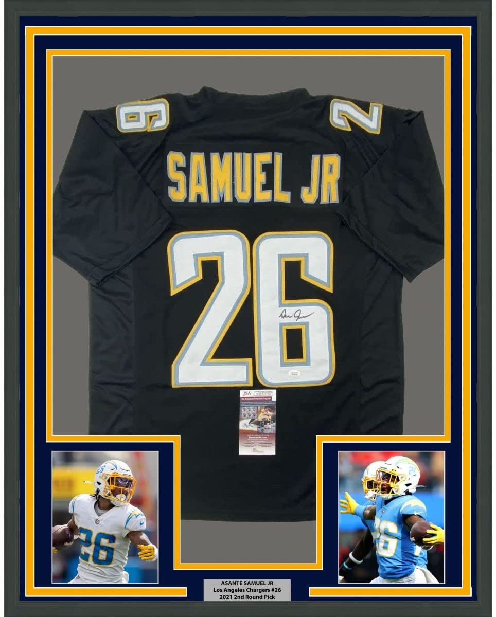 Framed Autographed/Signed Asante Samuel Jr. 35x39 Los Angeles LA Black Football Jersey JSA COA