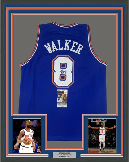 Framed Autographed/Signed Kemba Walker 35x39 New York Blue Basketball Jersey JSA COA