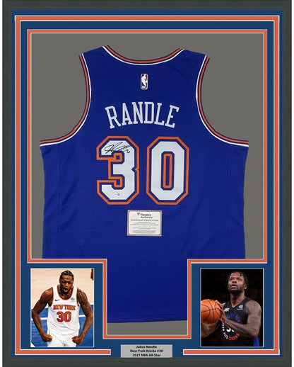 Framed Autographed/Signed Julius Randle 35x39 New York Knicks Blue Basketball Jersey Fanatics COA