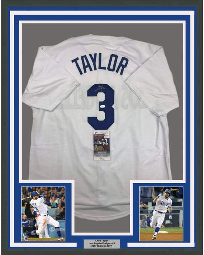 Framed Autographed/Signed Chris Taylor 35x39 Los Angeles LA White Baseball Jersey JSA COA